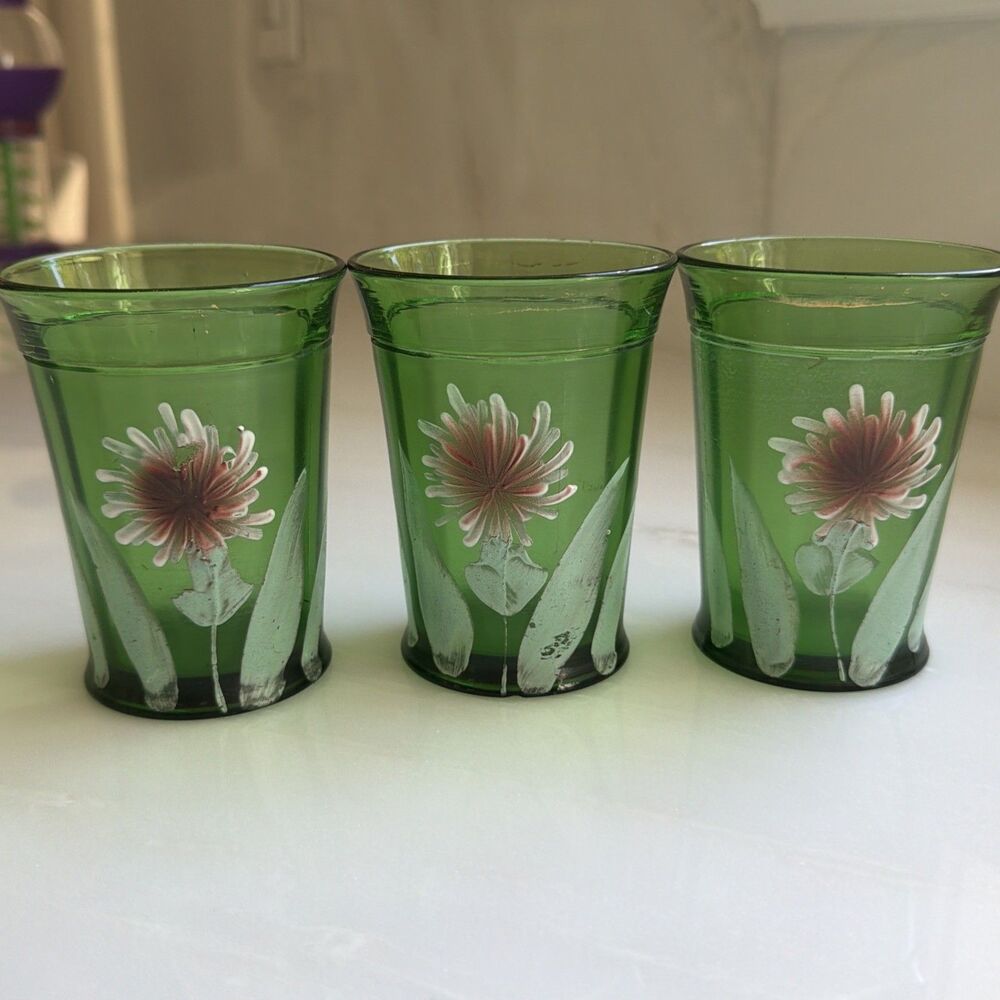 Antique Northwood Green Glass Set enamel Tumbler with floral Accents